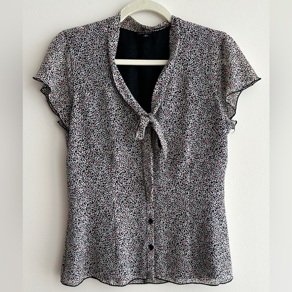 Nine West Floral Button Down Blouse, Multicolor Ribbon Tie Top, Size 6 - Picture 1 of 16